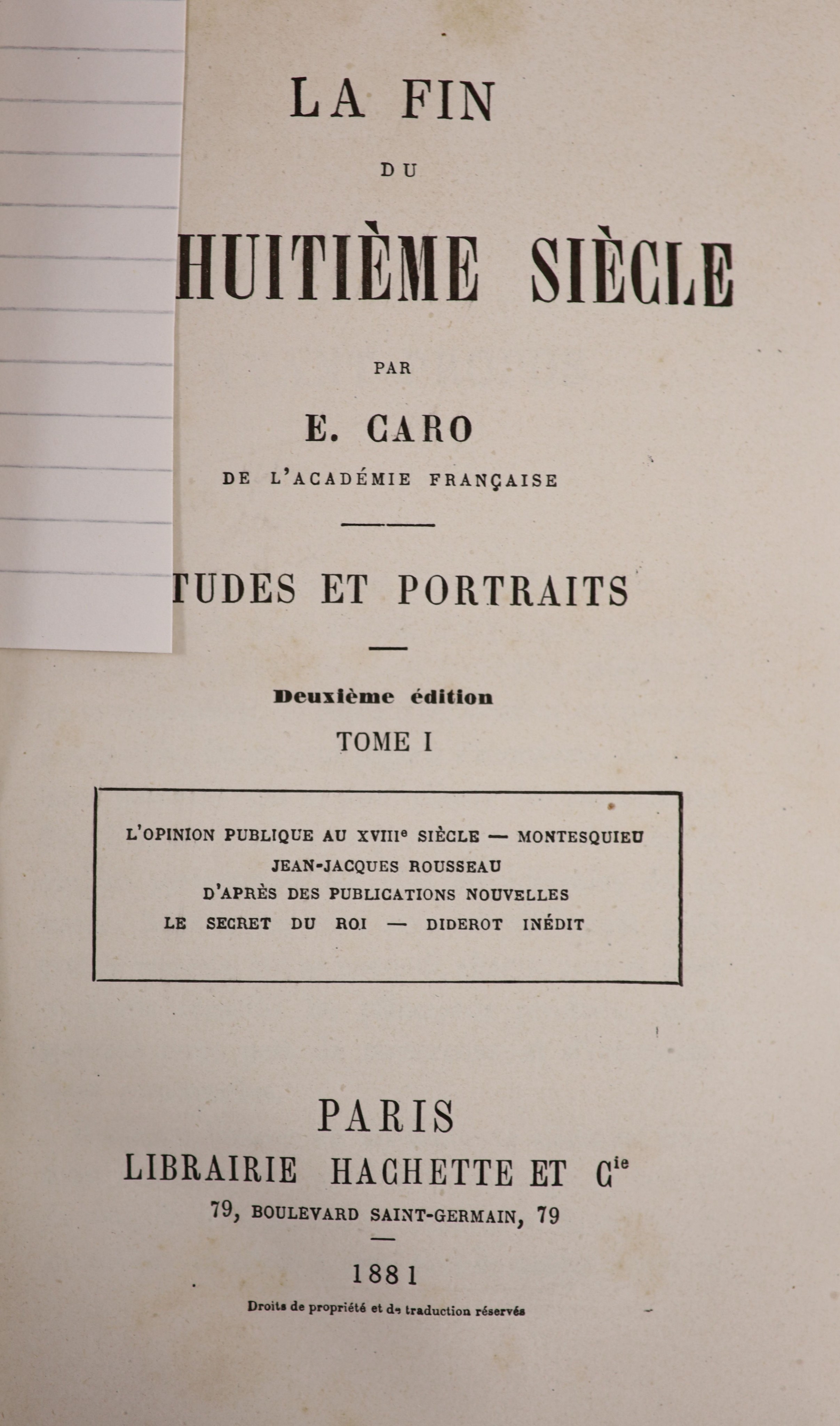 Caro, E. - La Philosophie De Goethe. 2nd edition. Half morocco and marbled paper, Panelled spine with letters direct, marbled edges. Libraire Hachette, Paris, 1880, minor rubbing